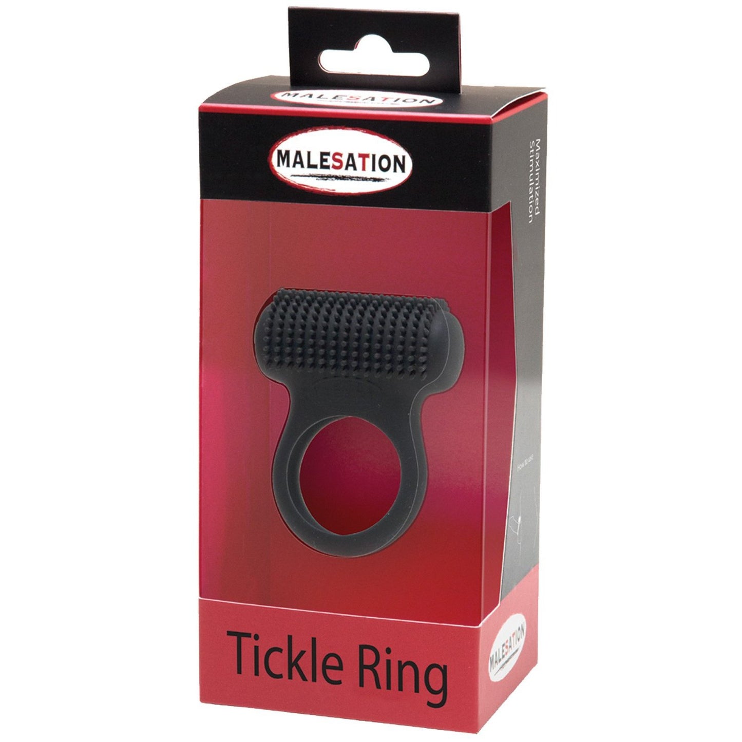 A black Malesation Tickle Me Nubbed Cock Ring is presented in red and black packaging with a cutout to display its texture, featuring the St rubber brand logo. It offers 12 vibration modes and USB rechargeable capability.