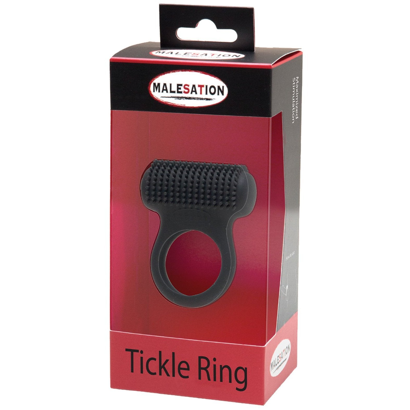 A black Malesation Tickle Me Nubbed Cock Ring is presented in red and black packaging with a cutout to display its texture, featuring the St rubber brand logo. It offers 12 vibration modes and USB rechargeable capability.