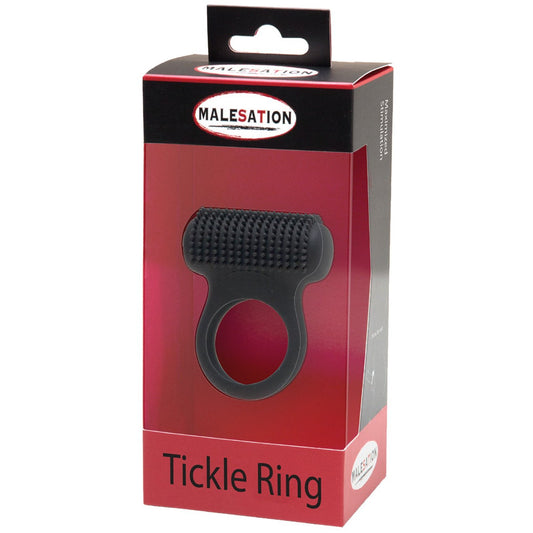A black Malesation Tickle Me Nubbed Cock Ring is presented in red and black packaging with a cutout to display its texture, featuring the St rubber brand logo. It offers 12 vibration modes and USB rechargeable capability.