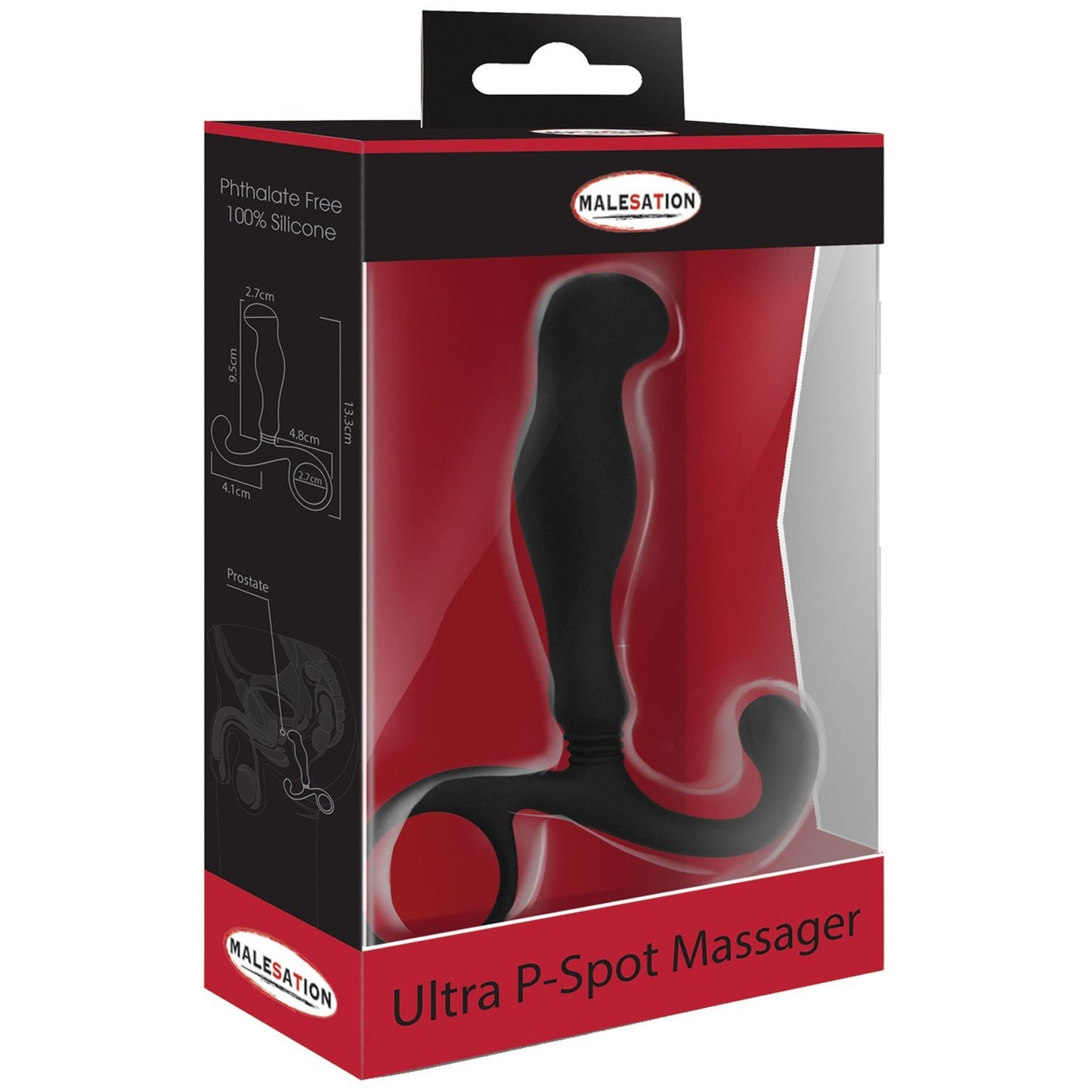 The sleek, black Malesation Ultra P Spot Massager is showcased through its packaging, featuring Phthalate Free and hygienic silicone tags for safe use. Engineered as the ultimate P spot stimulator, it offers unparalleled comfort and pleasure.
