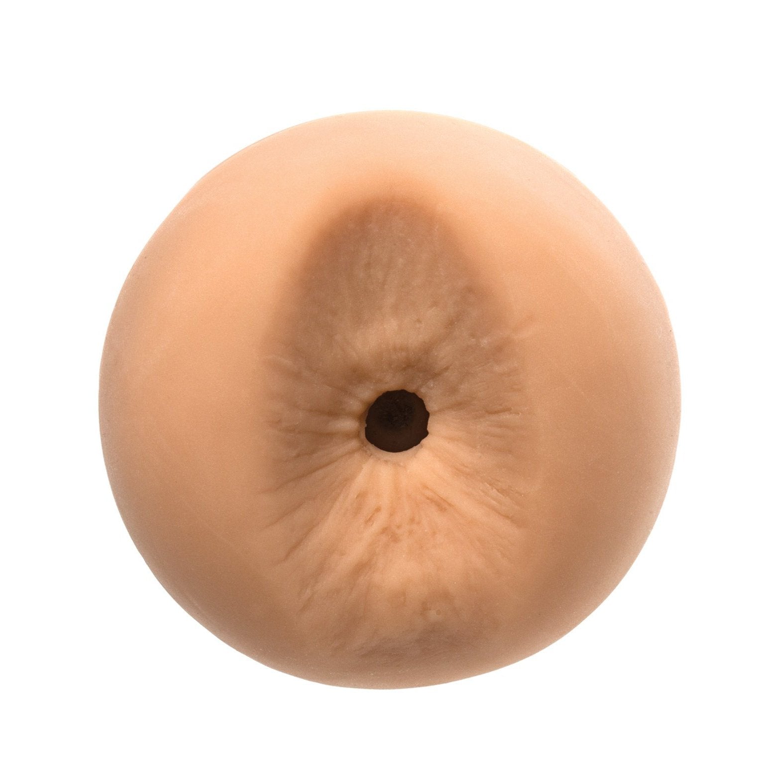 The Doc Johnson Man Squeeze Bear Ass is a round, beige product with a button-like appearance, featuring a small central hole, slight texture, and smooth surface, made from ULTRASKYN for an authentic feel.