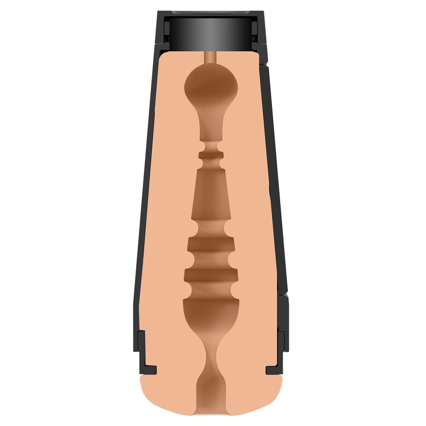 A cross-section of the Doc Johnson Man Squeeze Bear Ass flashlight reveals internal components, featuring a casing and bulb-shaped central cavity. The exterior is black, while the beige interior highlights its structure.