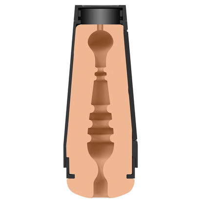 A cross-section of the Doc Johnson Man Squeeze Bear Ass flashlight reveals internal components, featuring a casing and bulb-shaped central cavity. The exterior is black, while the beige interior highlights its structure.
