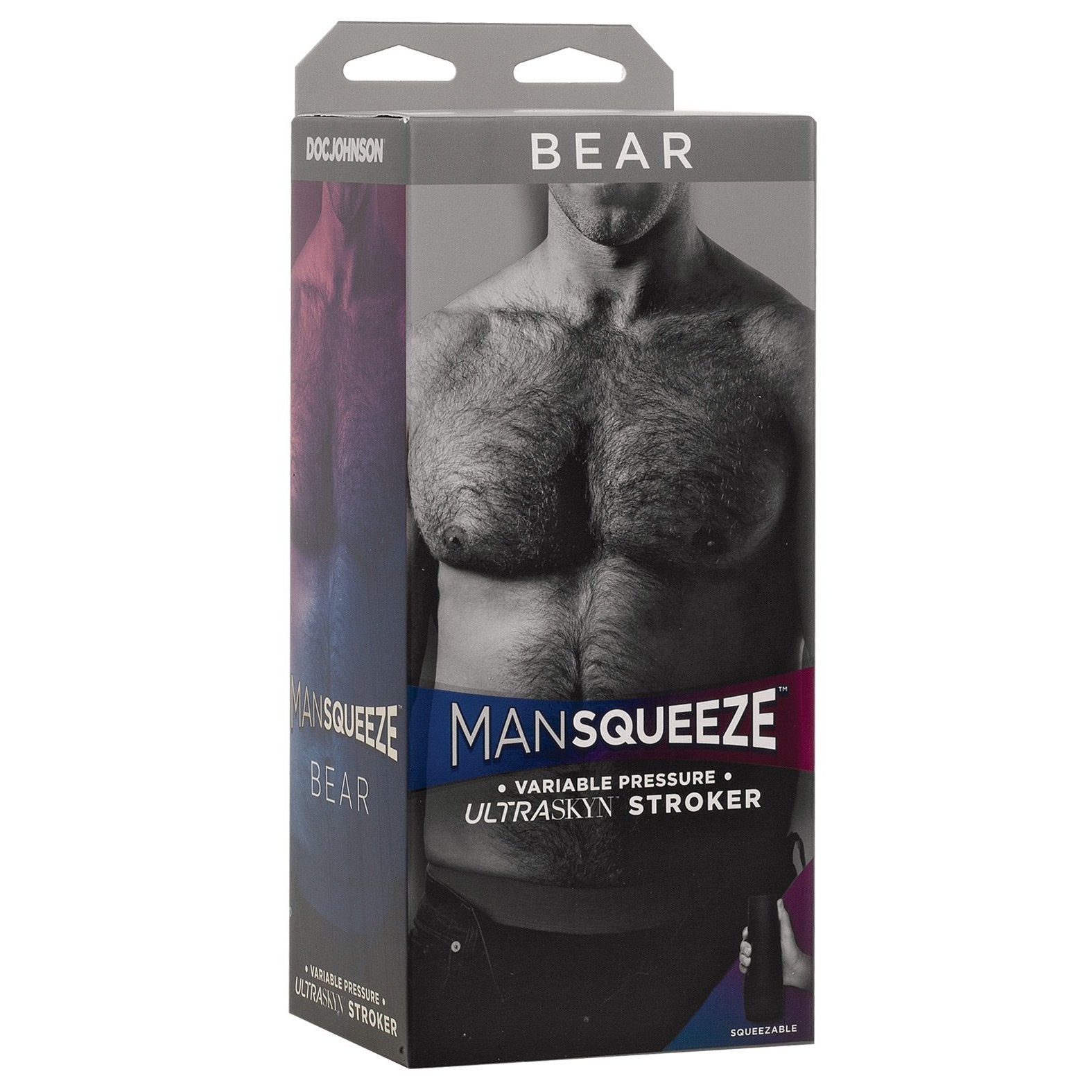 The Man Squeeze Bear Ass by Doc Johnson features packaging with a greyscale mans torso, highlighting its Variable Pressure ULTRASKYN Stroker and a cut-out section emphasizing the unique Squeezable design.