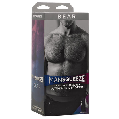 The Man Squeeze Bear Ass by Doc Johnson features packaging with a greyscale mans torso, highlighting its Variable Pressure ULTRASKYN Stroker and a cut-out section emphasizing the unique Squeezable design.
