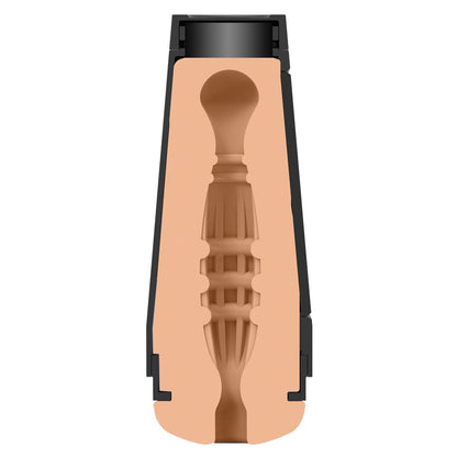 The black and beige cylindrical object resembles a device or container, with an interior spiral pattern indicating a specific function. Its design mirrors Doc Johnsons Man Squeeze Stud Ass, hinting at innovative use of ULTRASKYN material.