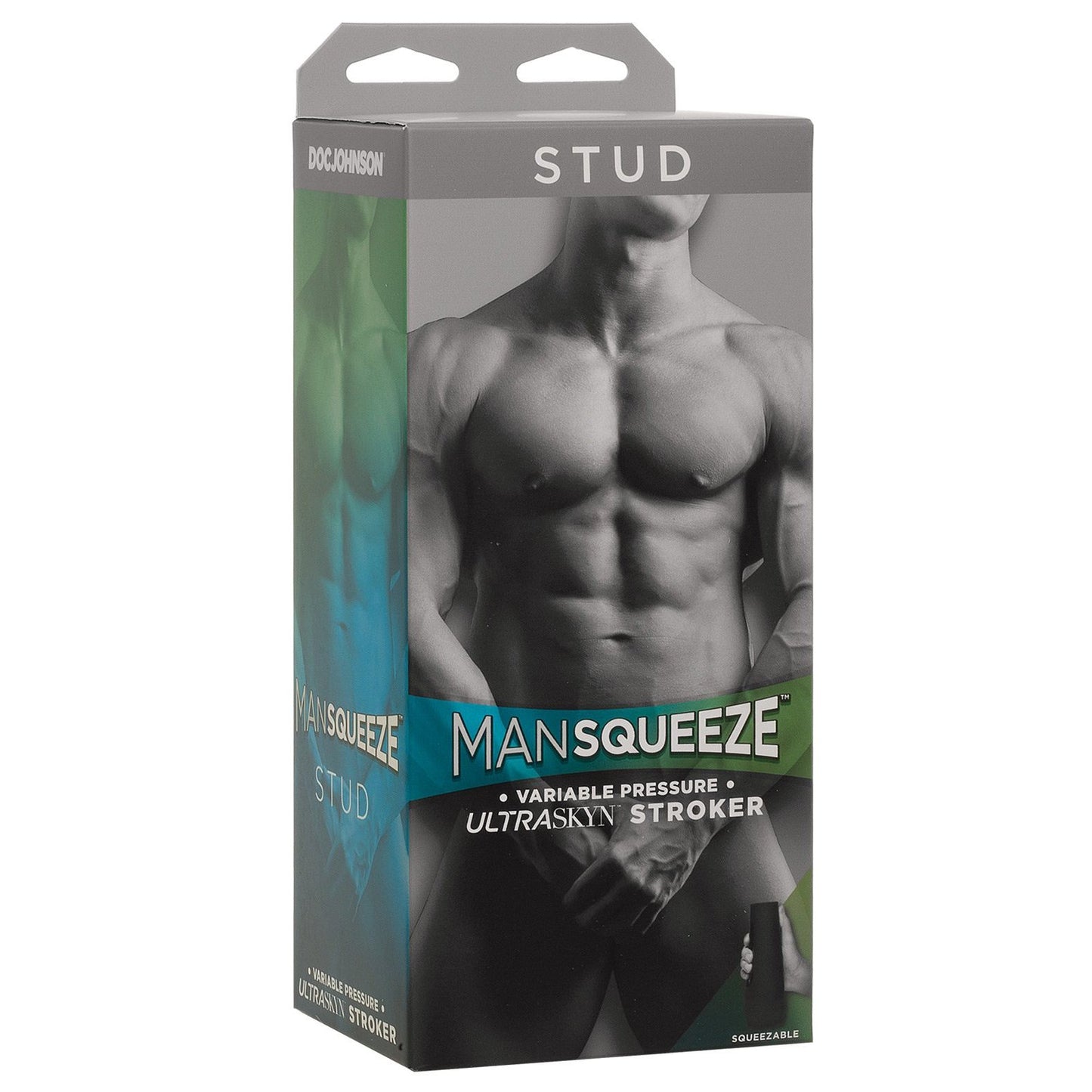 The Doc Johnson Man Squeeze Stud Ass box displays a muscular male torso image, featuring text like STUD and variable pressure, with an ULTRASKYN stroker. It has a handy top handle for easy portability.