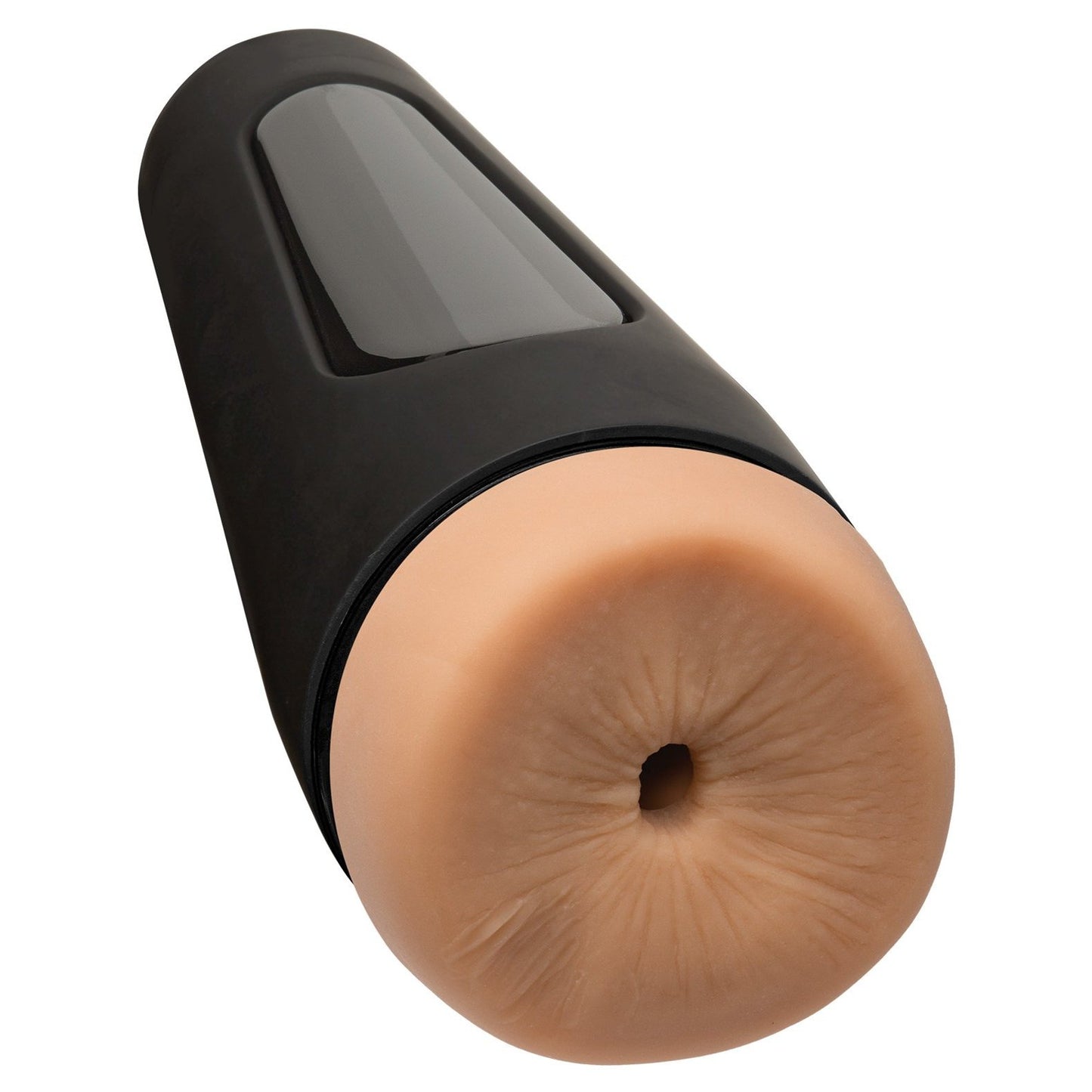 A black cylindrical object with a beige, textured end resembles Doc Johnsons Man Squeeze Stud Ass, made from ULTRASKYN.