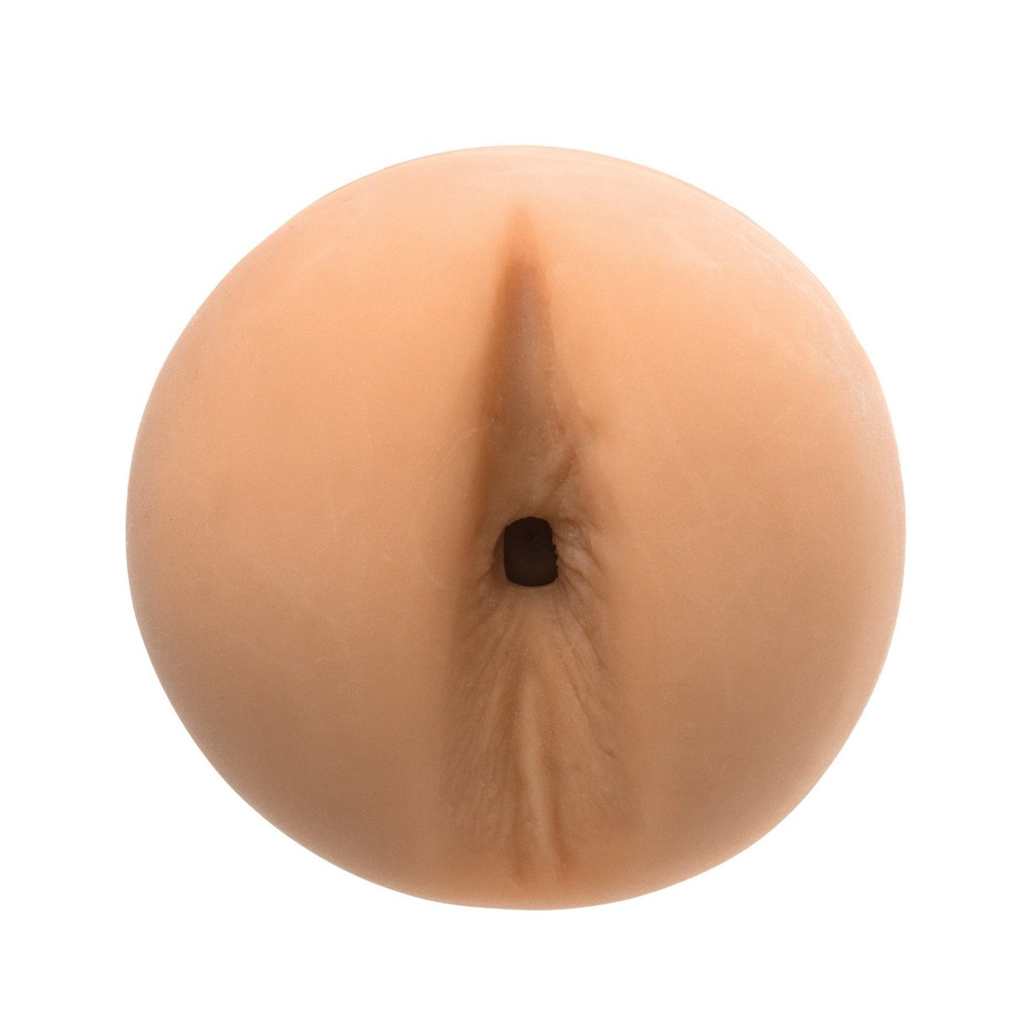 The Man Squeeze Twink Ass by Doc Johnson is a round, flesh-toned item with a central opening, resembling a silicone model or toy. Made from ULTRASKYN material, it offers an adjustable experience with its End Cap Suction Control and has a smooth, slightly glossy texture.
