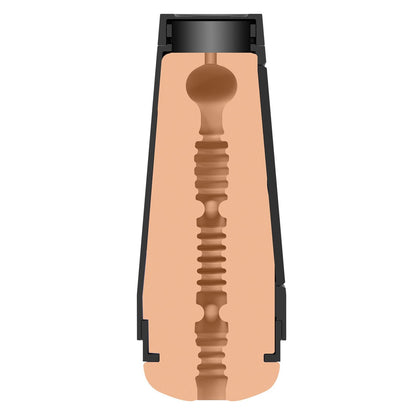 The cross-section illustration of the Man Squeeze Twink Ass by Doc Johnson, designed with ULTRASKYN technology, shows a black and copper mechanical component with multiple ridges, a central cavity, and an End Cap Suction Control system reminiscent of an industrial tool.