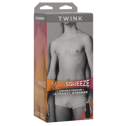 A Man Squeeze Twink Ass box features a grayscale image of a model in underwear. The text highlights Variable Pressure ULTRASKYN Stroker with End Cap Suction Control, proudly branded by Doc Johnson.