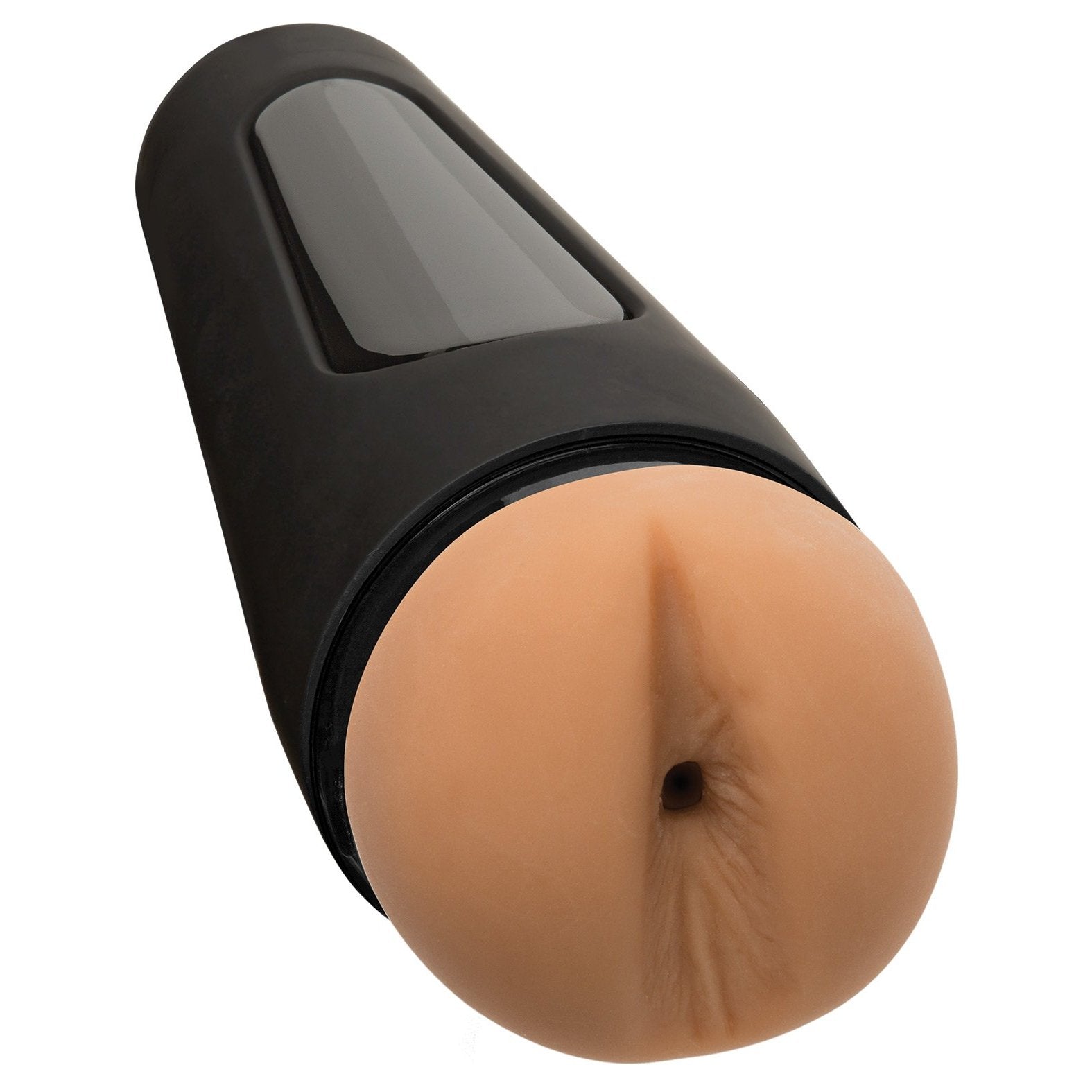 A black, cylindrical Man Squeeze Twink Ass by Doc Johnson, featuring ULTRASKYN technology and a soft, light brown tip resembling a personal massage tool, is set against a white background.