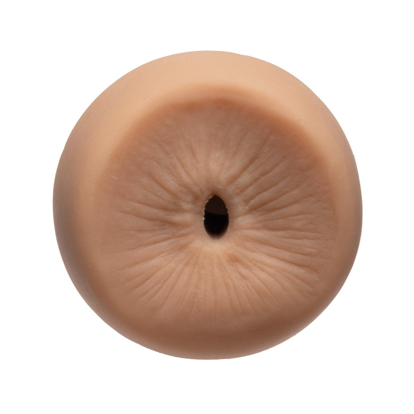 A close-up of the Man Squeeze ULTRASKYN Ass Stroker by Doc Johnson reveals its skin-like, wrinkled texture and central hole, highlighted by lighting to emphasize the internal texture similar to natural surfaces.
