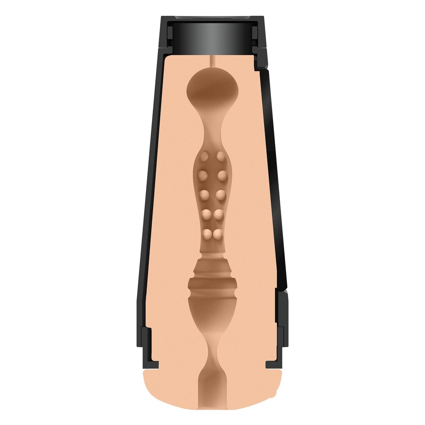 The Man Squeeze ULTRASKYN Ass Stroker by Doc Johnson features a cross-section of adjustable suction with a textured interior of spherical and cylindrical shapes, resembling a tunnel. It has a black outer shell and beige interior.