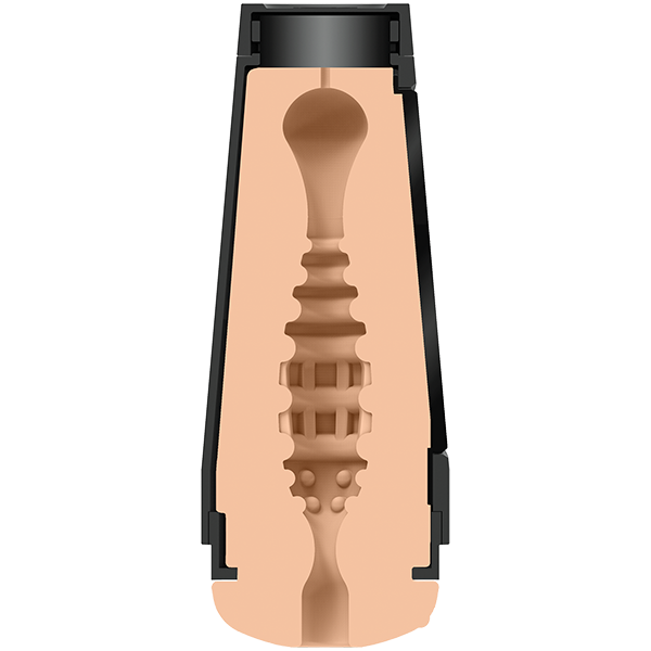 Cross-section view of the Man Squeeze ULTRASKYN Ass Stroker by Doc Johnson, showcasing an internal texture with grooves and ridges. The exterior casing is dark, while the ULTRASKYN material inside is lighter in color.