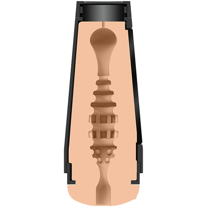 Cross-section view of the Man Squeeze ULTRASKYN Ass Stroker by Doc Johnson, showcasing an internal texture with grooves and ridges. The exterior casing is dark, while the ULTRASKYN material inside is lighter in color.