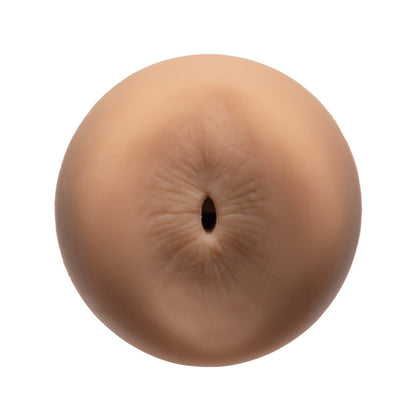 A close-up image of Doc Johnsons Man Squeeze ULTRASKYN Ass Stroker reveals a flesh-colored, spherical design with a central seam and detailed internal texture, offering a smooth, rounded appearance for an experience similar to adjustable suction.