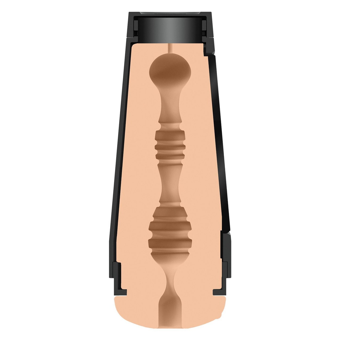 The Man Squeeze ULTRASKYN Ass Stroker by Doc Johnson features a cross-section illustration of a cylindrical device with a tan, textured ULTRASKYN inner lining with ridged and bulbous shapes resembling a passage. The black outer casing has an adjustable suction top resembling a cap.