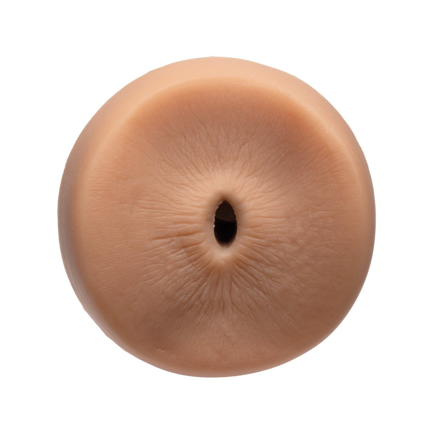 The image depicts the Man Squeeze ULTRASKYN Ass Stroker by Doc Johnson, a beige round object with a central hole, internal texture, adjustable suction, and a slightly raised smooth outer edge.