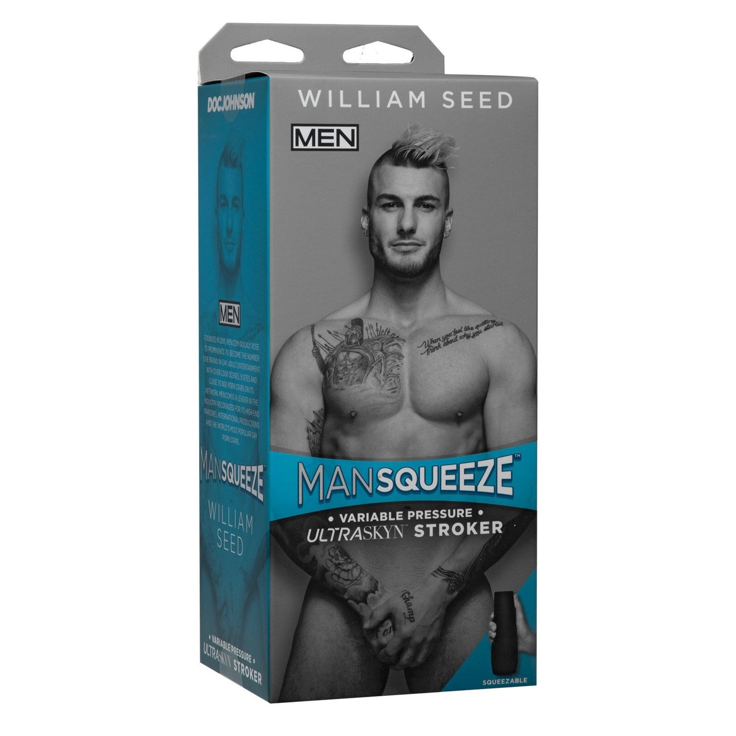 The image shows the packaging for Doc Johnsons Man Squeeze ULTRASKYN Ass Stroker, featuring a monochrome tattooed man, branding details, and highlights of its ULTRASKYN material with adjustable suction and internal texture for an enhanced experience.