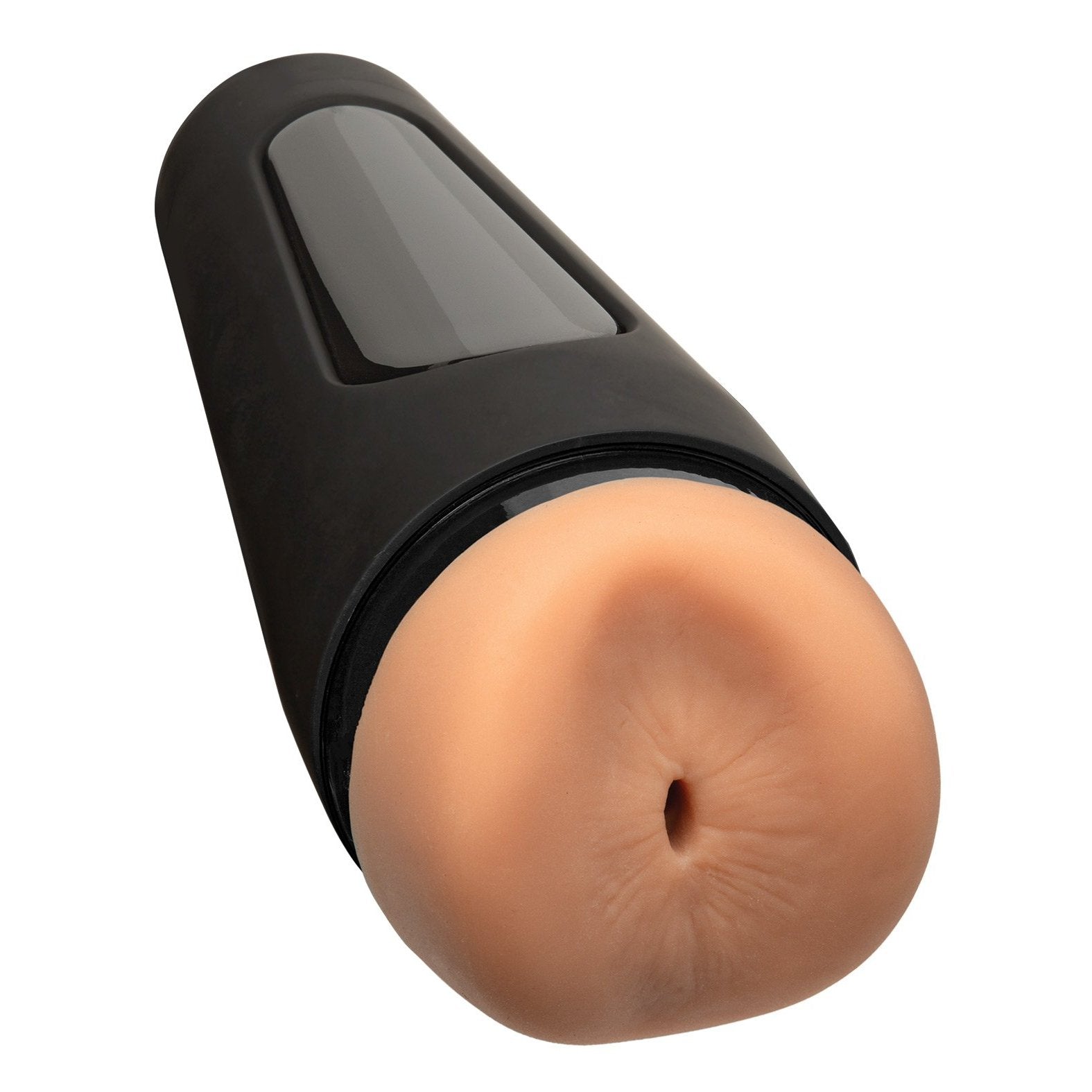 The Doc Johnson Man Squeeze ULTRASKYN Ass Stroker is a black cylindrical adult toy with a soft, peach-colored human orifice-like end. Its sleek design includes ULTRASKYN material, adjustable suction for enhanced pleasure, and a glossy side panel.