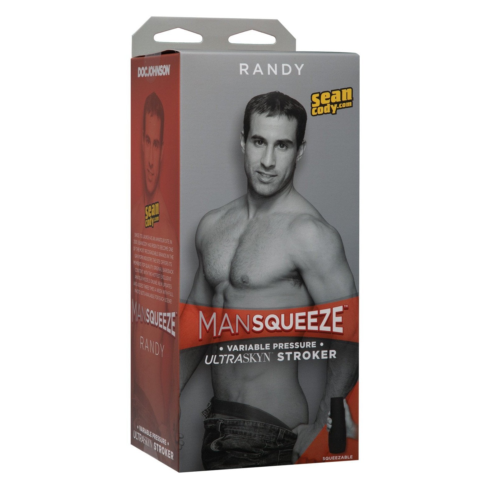 The Man Squeeze ULTRASKYN Ass Stroker - Randy packaging features a shirtless man in a style reminiscent of Sean Cody, with a primarily gray and red box displaying Randy and the Doc Johnson brand prominently.