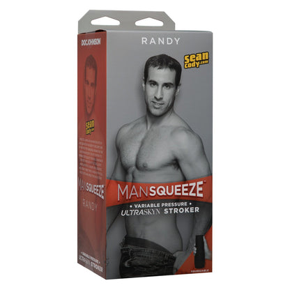 The Man Squeeze ULTRASKYN Ass Stroker - Randy packaging features a shirtless man in a style reminiscent of Sean Cody, with a primarily gray and red box displaying Randy and the Doc Johnson brand prominently.