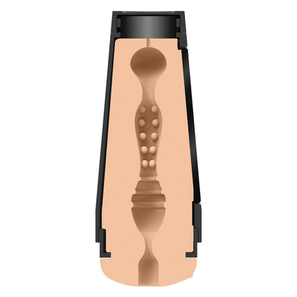The Man Squeeze ULTRASKYN Ass Stroker by Doc Johnson is a textured cylinder with a black outer shell and beige interior. It features bumps and grooves for enhanced massage or relaxation, offering an immersive experience.