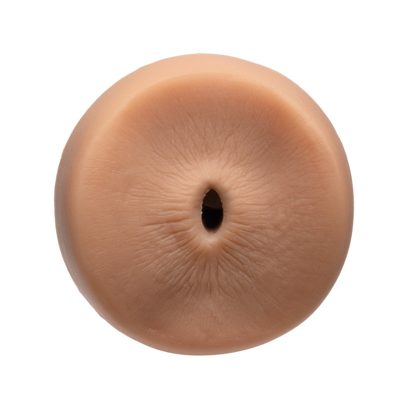 The Doc Johnson Man Squeeze ULTRASKYN Ass Stroker - William Seed is a round, beige silicone object with a textured surface and central opening, crafted to resemble an anatomical model. It features detailed, lifelike skin-like qualities similar to the Ass Stroker collection.