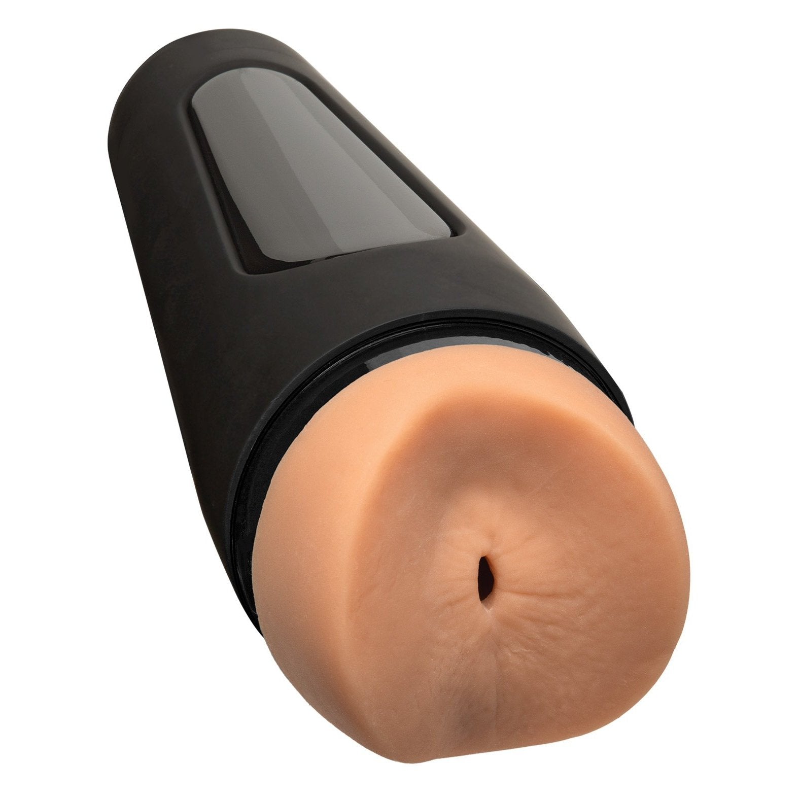 A close-up of a black cylindrical object with a beige, soft-textured end, similar to the Man Squeeze ULTRASKYN Ass Stroker by Doc Johnson.