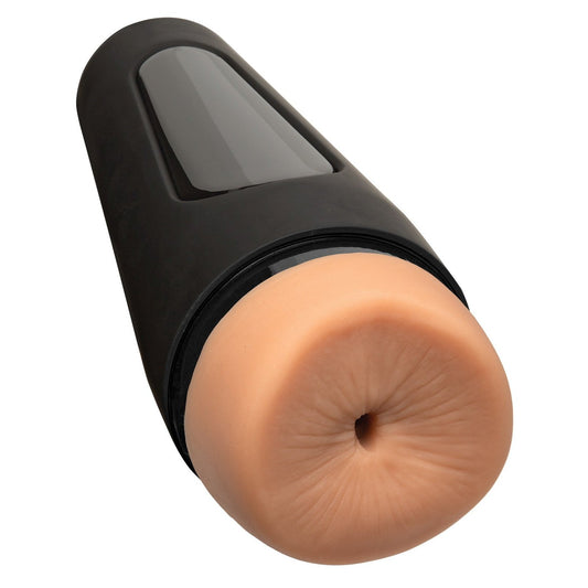 The Doc Johnson Man Squeeze ULTRASKYN Ass Stroker is a sleek black cylindrical device featuring a soft, beige ULTRASKYN opening, an adjustable suction element, and a glossy side panel.