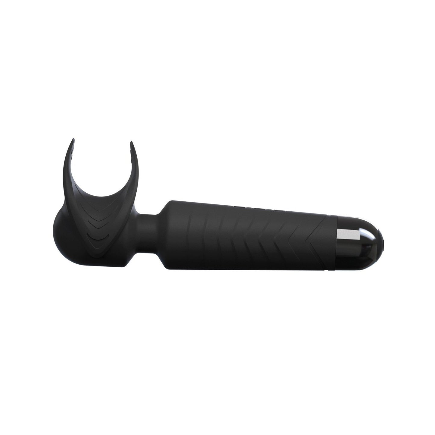 The Man Wand by Adams Toy Box is a sleek black handheld device with a curved open-end design, textured grip, and silver tip. Its opposite end has a U-shaped opening and multiple vibration modes for its specialized use.