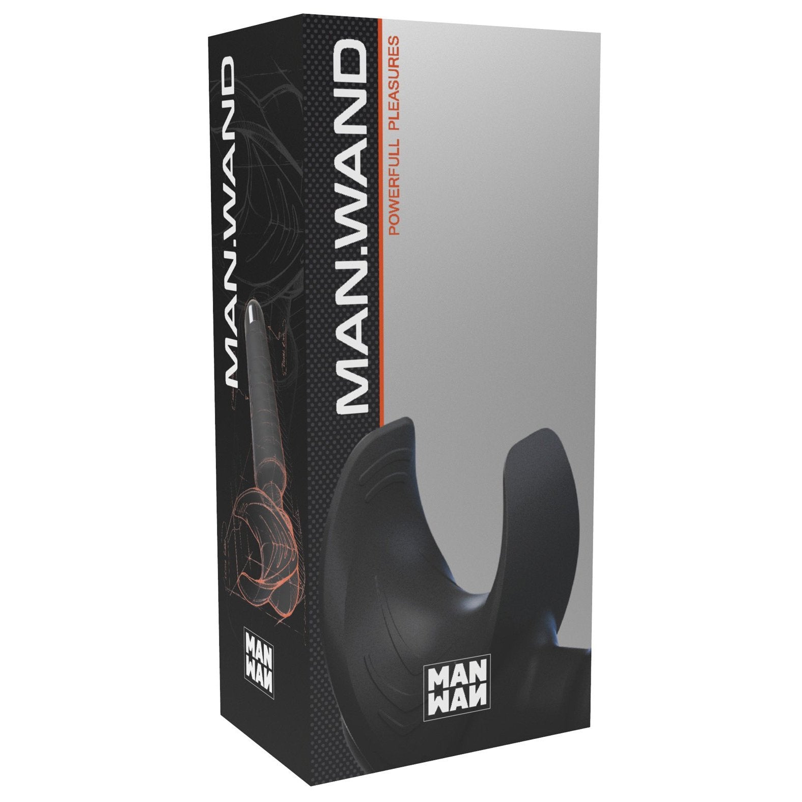 The sleek black box for Adams Toy Boxs Man Wand features its tagline Powerful Pleasures, showcasing modern design and multiple vibration modes, with a side image appealing to adults desiring a contemporary experience.