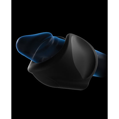 The Man Wand Starter by Adams Toy Box, a sleek black wireless earbud against a black background with a faint blue glow, showcases modern precision, similar to those offering 10 vibration modes for optimal pleasure.
