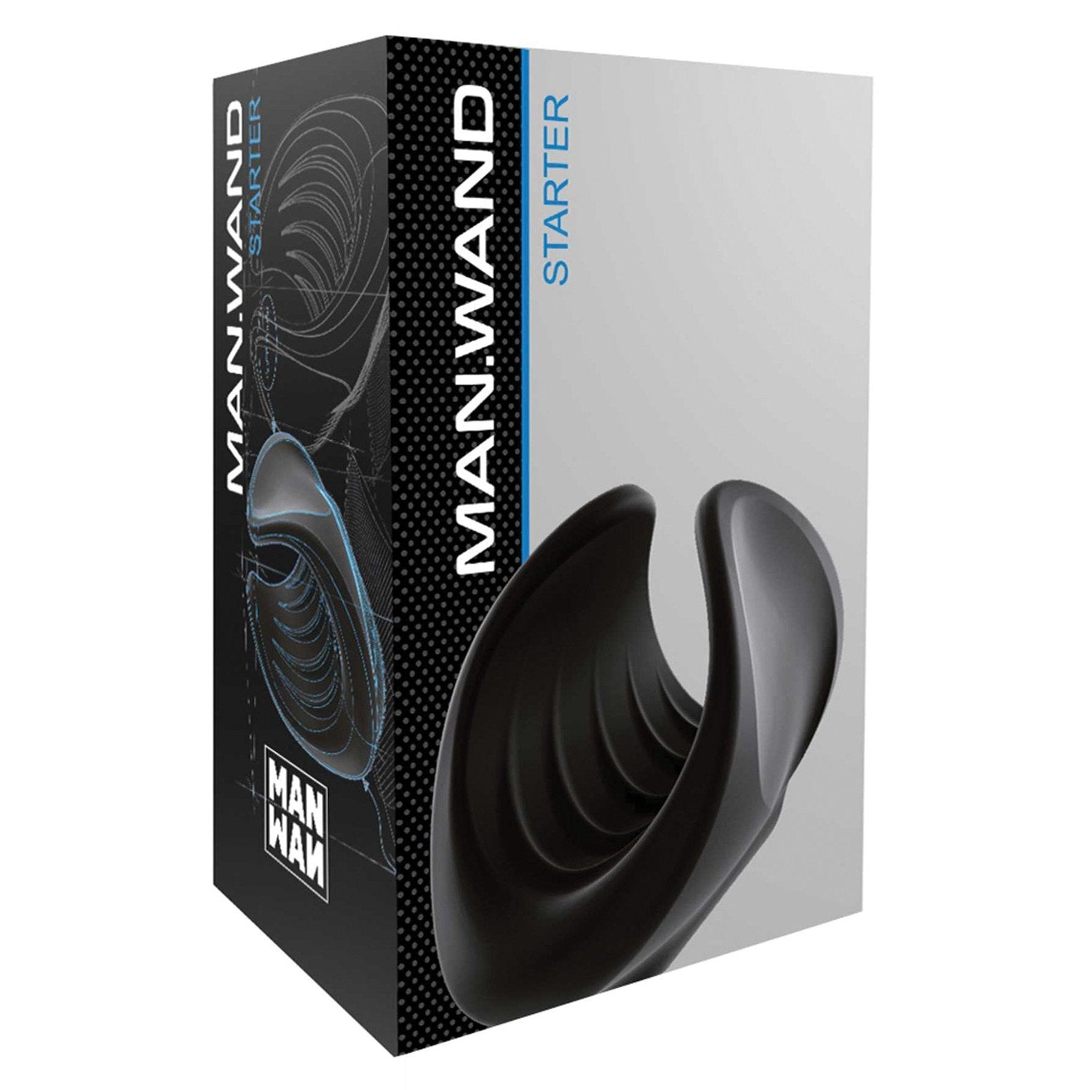 The image features the Man Wand Starter box from Adams Toy Box, displaying a sleek black object as a compact cock pleaser. The blue and white packaging text highlights its 10 vibration modes and 100% liquid silicone construction on a black backdrop.