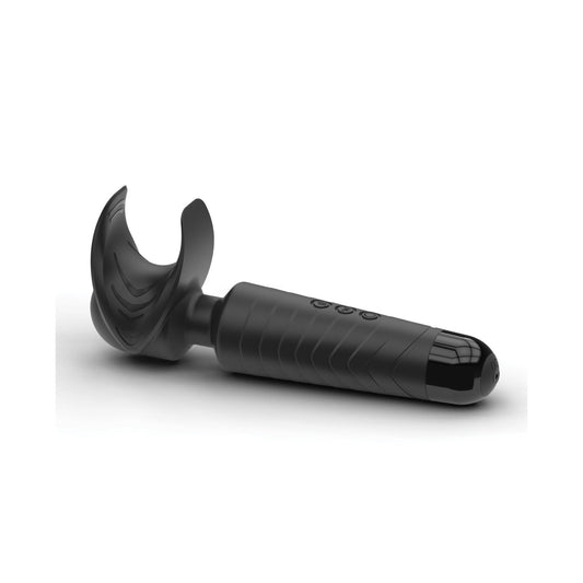 Set against a white background, the Man Wand by Adams Toy Box is a black handheld sex toy featuring a ribbed handle, curved open-ended attachment, button controls on the handle, and multiple vibration modes designed for personalized pleasure.