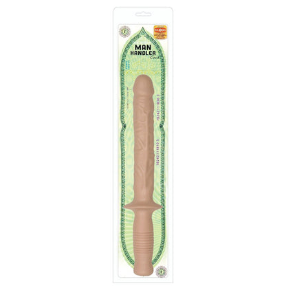 The Manhandler by Doc Johnson features a long, flesh-toned handle with realistic texture and ribbed grip. It has rounded ends and intricate designs, enhanced by a green and white color scheme for added appeal.