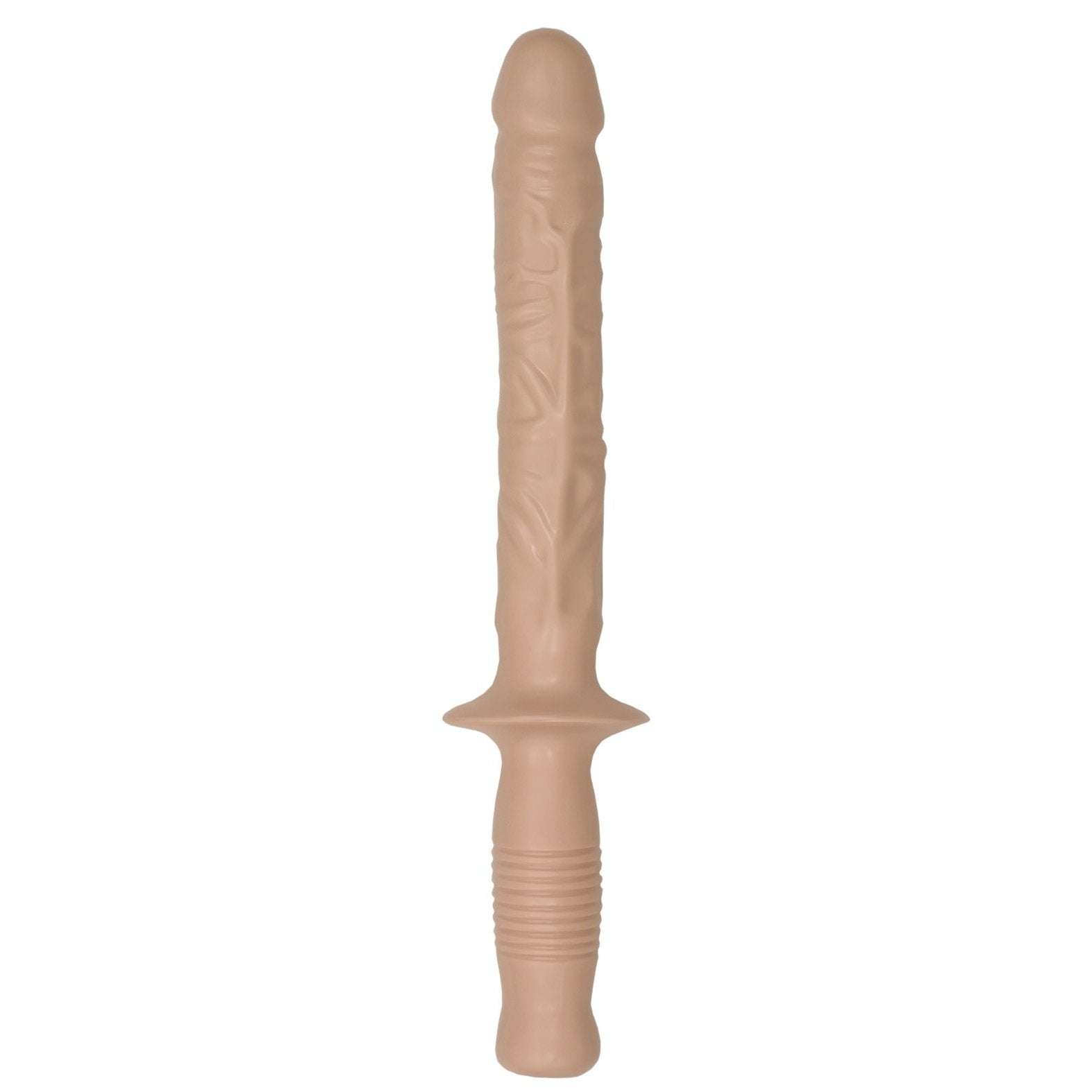 Introducing the Manhandler by Doc Johnson: a beige, long textured baton with a ribbed handle for control and a flared guard for functionality and design.