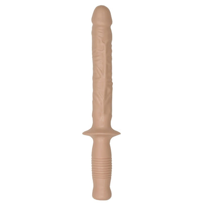 Introducing the Manhandler by Doc Johnson: a beige, long textured baton with a ribbed handle for control and a flared guard for functionality and design.