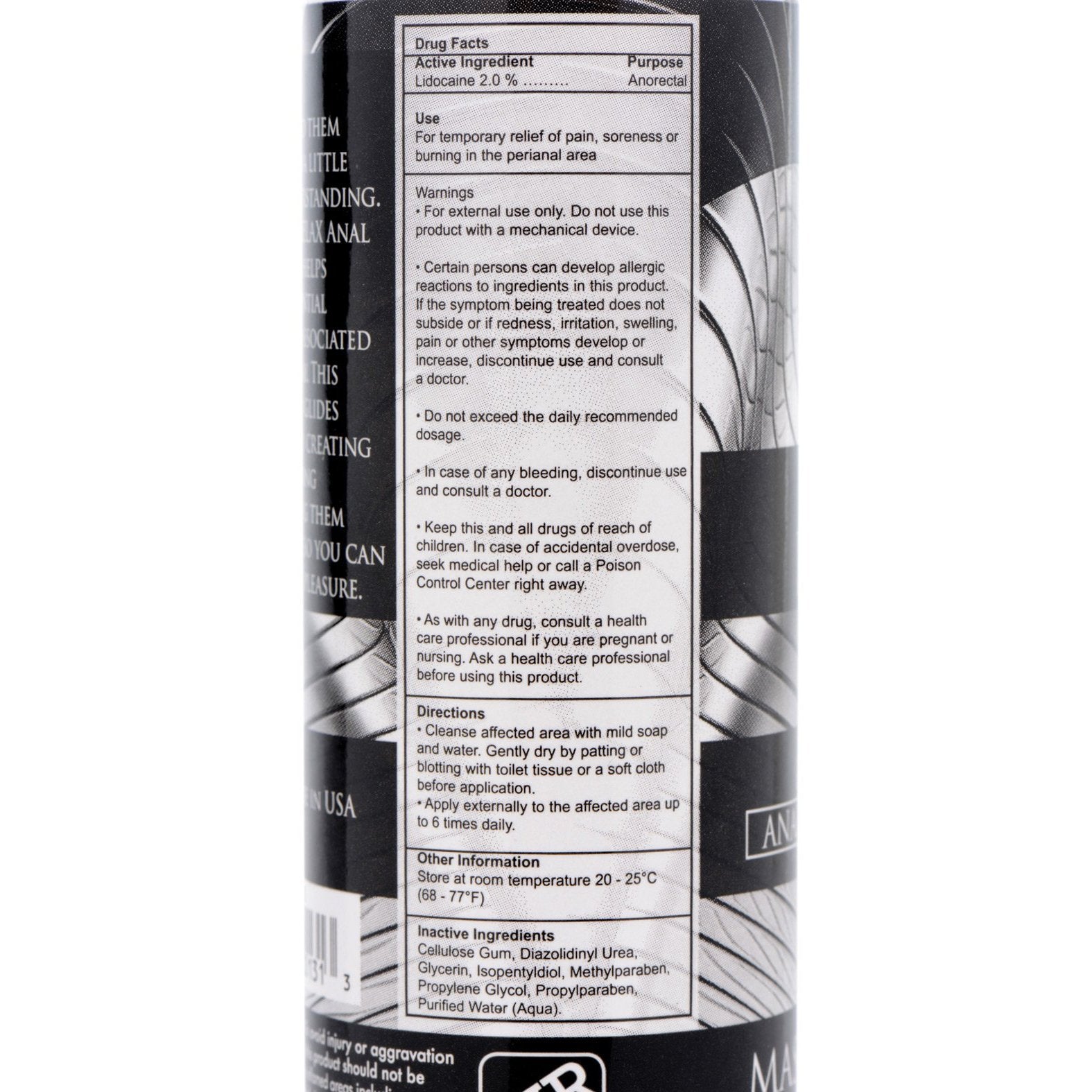A close-up of the Master Series Ass Relax Desensitizing label on a cylindrical container shows drug facts, active ingredients, usage warnings, directions, storage details, and inactive ingredients—all in black text on a silver background.