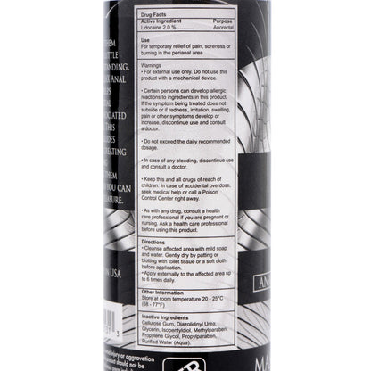 A close-up of the Master Series Ass Relax Desensitizing label on a cylindrical container shows drug facts, active ingredients, usage warnings, directions, storage details, and inactive ingredients—all in black text on a silver background.