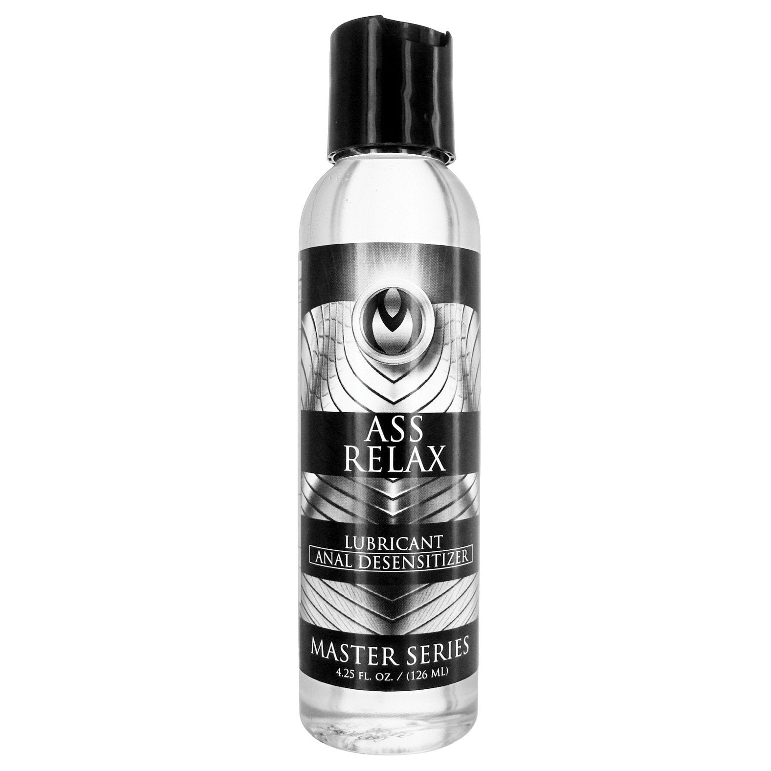 The Master Series Ass Relax Desensitizing bottle is a 4.25 FL OZ (126 ML) lubricant anal desensitizer with a transparent design and black cap, perfect for enhancing playtime pleasure.