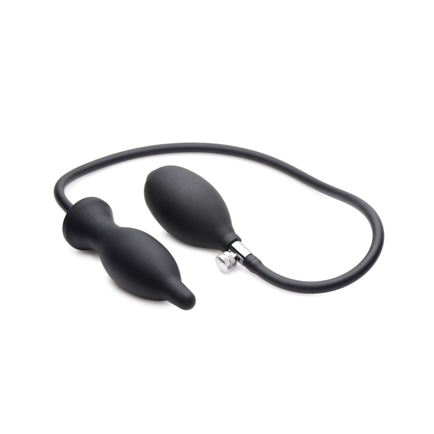 The Master Series Dark Inflator is a black inflatable silicone anal plug with an attached pump bulb, connecting tube, and air release valve for adjustable size and fit.