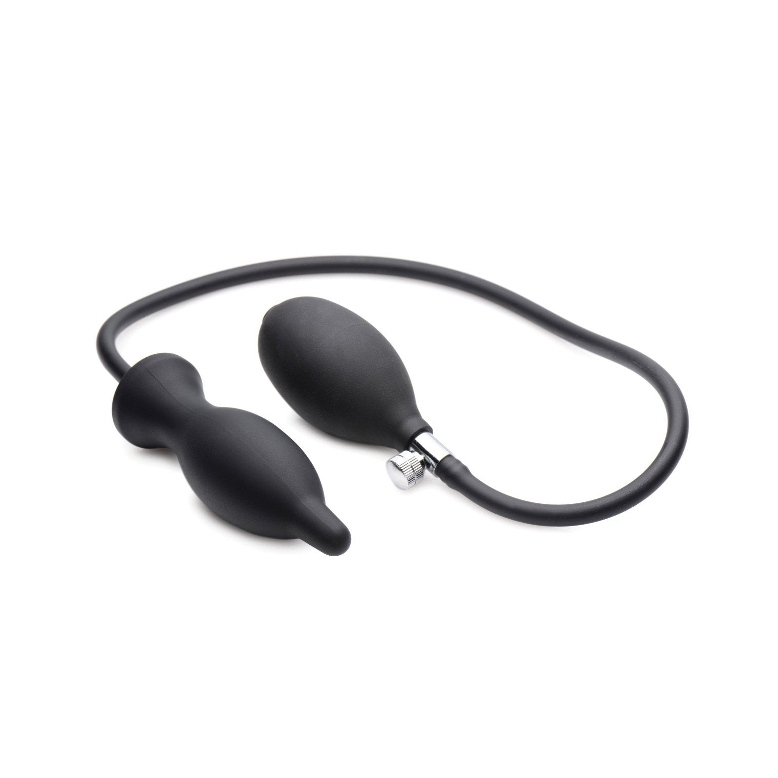 The Master Series Dark Inflator is a black inflatable silicone anal plug with an attached pump bulb, connecting tube, and air release valve for adjustable size and fit.