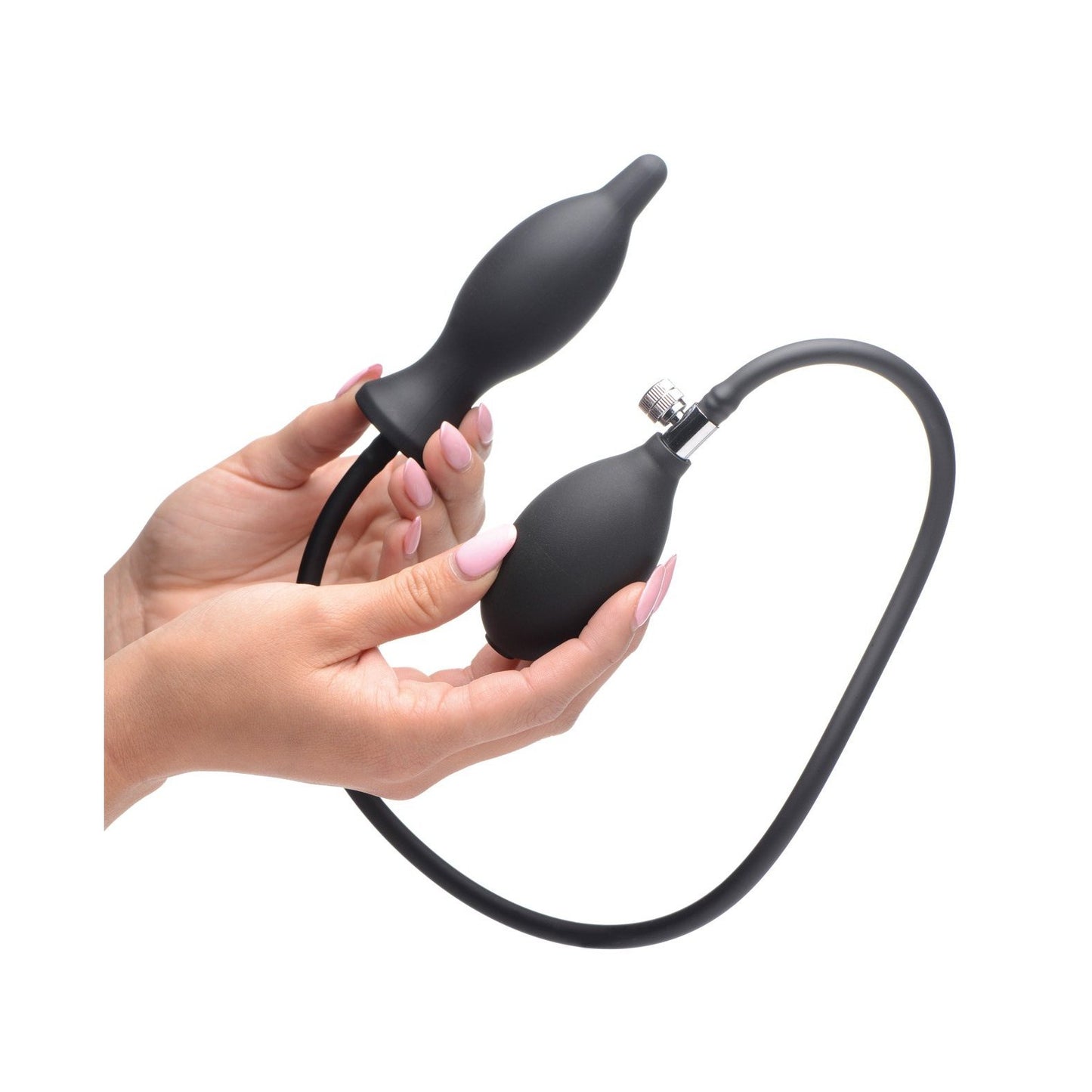 Hands hold the Master Series Dark Inflator, an inflatable silicone anal plug by Master Series, featuring a bulb pump and valve with a narrow tube for stretching pleasure.