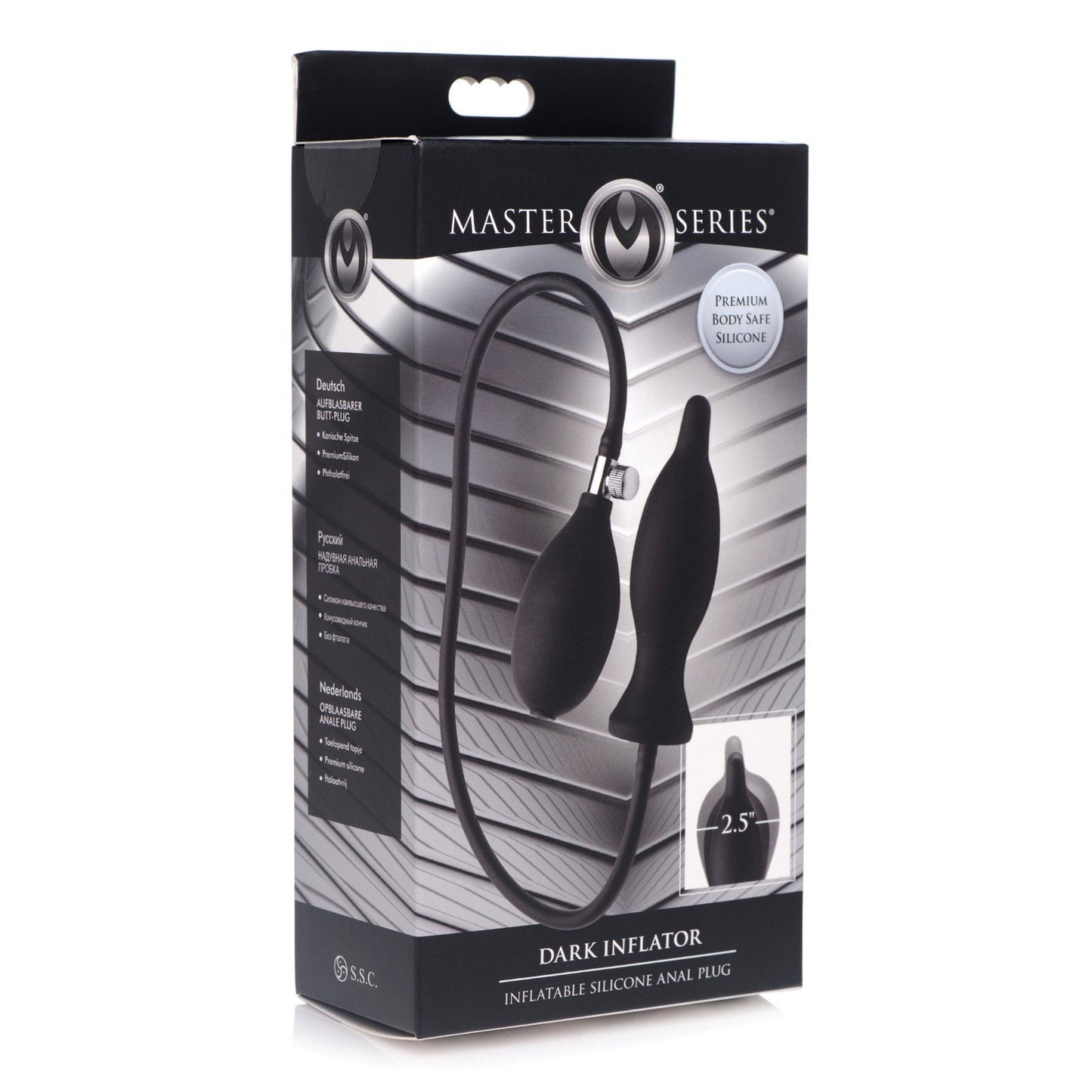 The image displays the Master Series Dark Inflator Inflatable Silicone Anal Plug box, featuring sleek black and white packaging with silver accents. It includes a product picture and multilingual text, highlighting its premium silicone design and promising stretching pleasure.