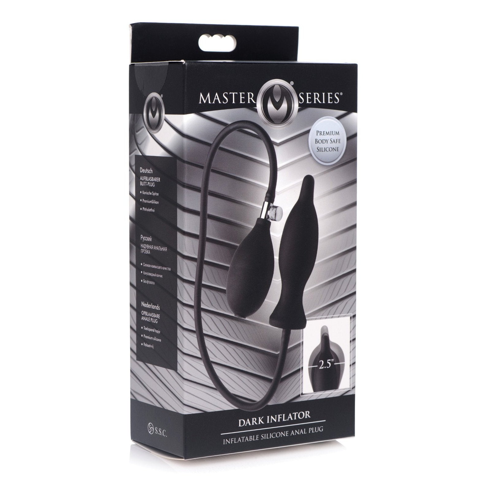 The image displays the Master Series Dark Inflator Inflatable Silicone Anal Plug box, featuring sleek black and white packaging with silver accents. It includes a product picture and multilingual text, highlighting its premium silicone design and promising stretching pleasure.