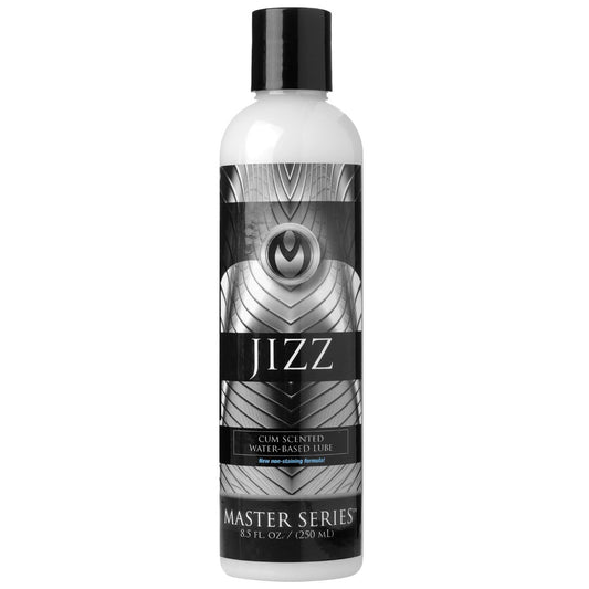 The Master Series Jizz Scented Lube by XR Brands, 8 oz., showcases a stylish black and white geometric design. It features a cum scented non-staining formula, perfect for those seeking authenticity without the mess.