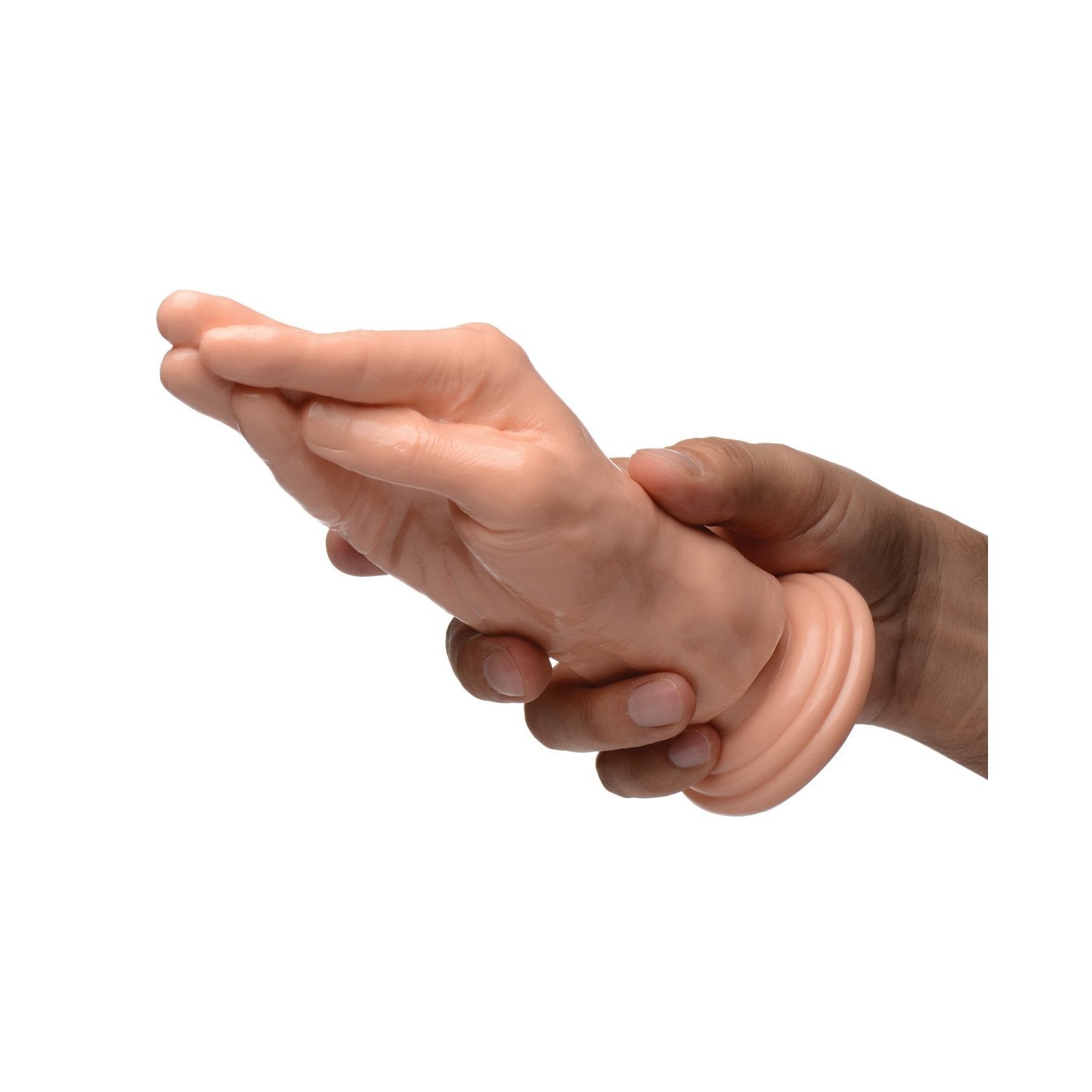 The Master Series Stuffer Fisting Hand Dildo, a realistic, skin-toned novelty with fingers sculpted into a Silent Duck shape, crafted from PVC phthalate-free material showcasing a ridged base, is set against a white background.