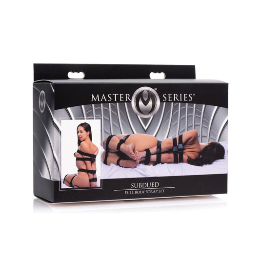 The Master Series Subdued Full Body Strap Set by Master Series boasts a striking silver and black design. It showcases intricate adjustable buckles and is elegantly packaged with the product name prominently displayed.